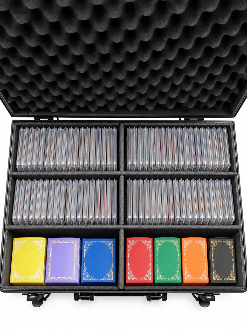 RELICASE Valigetta Rigida per Carte Gradate e Deck Box TCG, 6 Scomparti Imbottiti, Interno Protettivo, Doppia Chiusura con Chiavi e Maniglia, Custodia da Trasporto per Carte Collezionabili