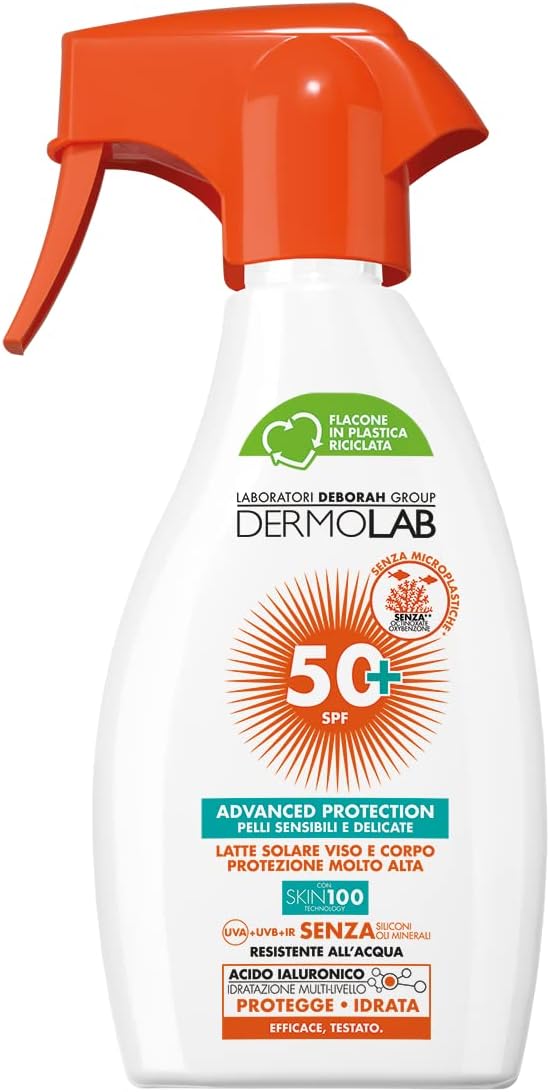 Dermolab - Latte Solare Spray Viso e Corpo, Protezione Alta SPF 50, per Pelli Chiare e Delicate, Contrasta Invecchiamento Cutaneo e Raggi UVA, Resistente all'Acqua, Dermatologicamente Testato, 250ml