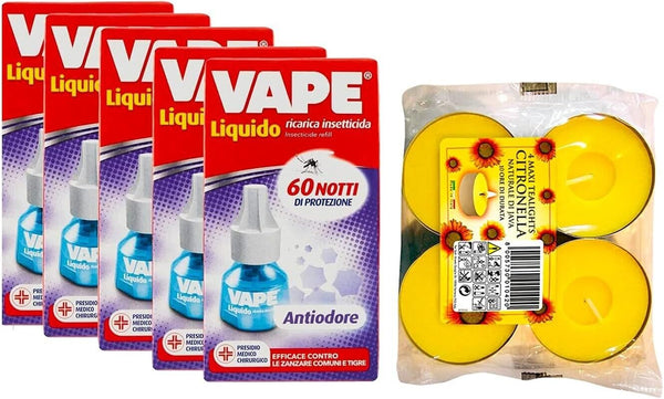 VAPE- 5 CONFEZIONI RICARICHE LIQUIDO INSETTICIDA ANTIODORE 36 ML + 4 CANDELE