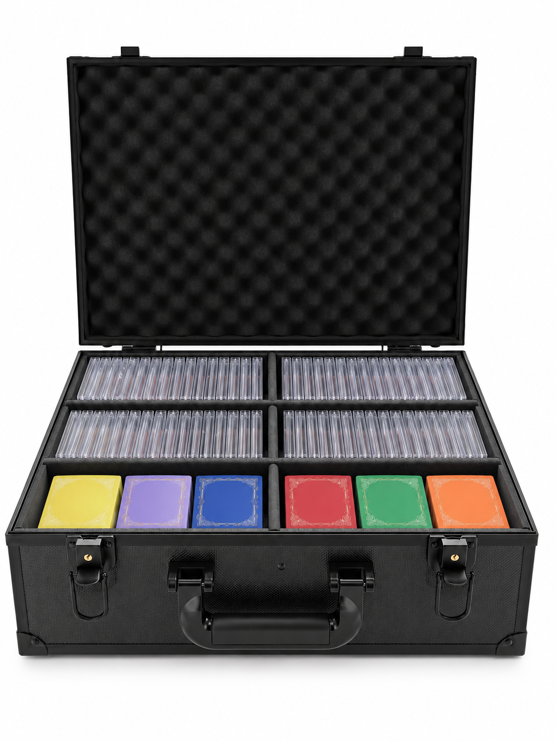 RELICASE Valigetta Rigida per Carte Gradate e Deck Box TCG, 6 Scomparti Imbottiti, Interno Protettivo, Doppia Chiusura con Chiavi e Maniglia, Custodia da Trasporto per Carte Collezionabili