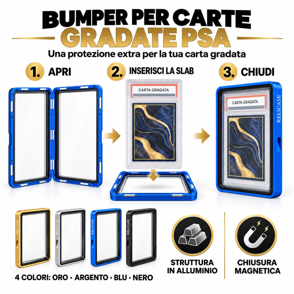 RELICASE - BUMPER per carte GRADATE PSA / AI Grading / GRAAD Custodia in Alluminio con Calamite