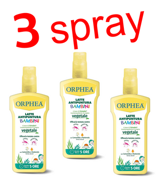 3 spray Orphea Latte Antipuntura Bambini repellente Zanzare zanzara tigre 100ml