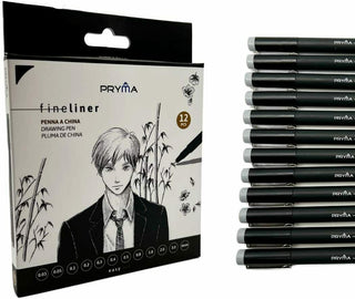 PRYMA 12 Penne a china Fineliner disegno manga tratti vari spessori neri nero